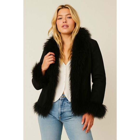 Y2K Vintage Penny Lane Afghan Coat Suede Leather Mongolian Fur Black Sz Small - Picture 1 of 10